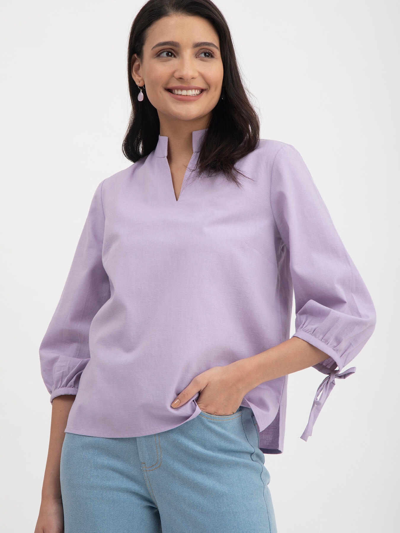 Linen Tie-Up Sleeves Top - Purple