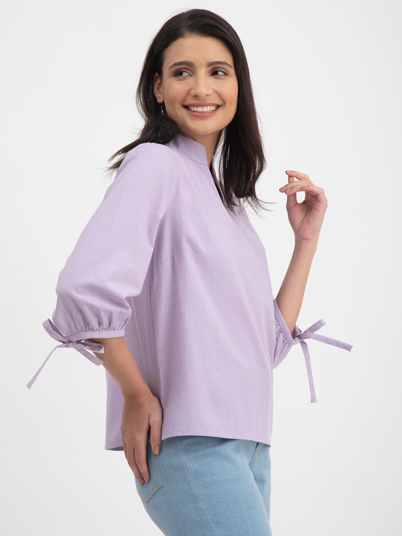 Linen Tie-Up Sleeves Top - Purple