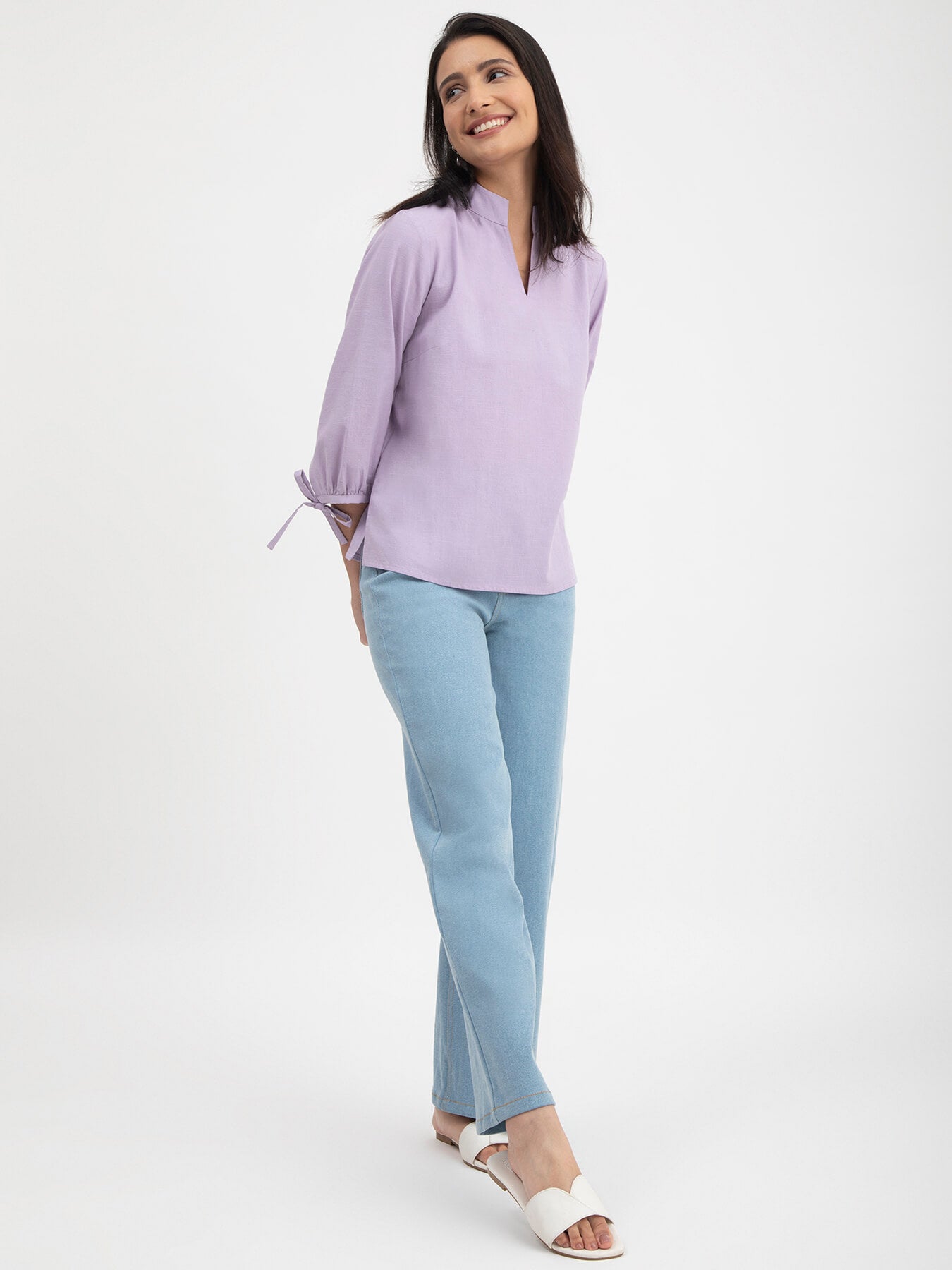 Linen Tie-Up Sleeves Top - Purple