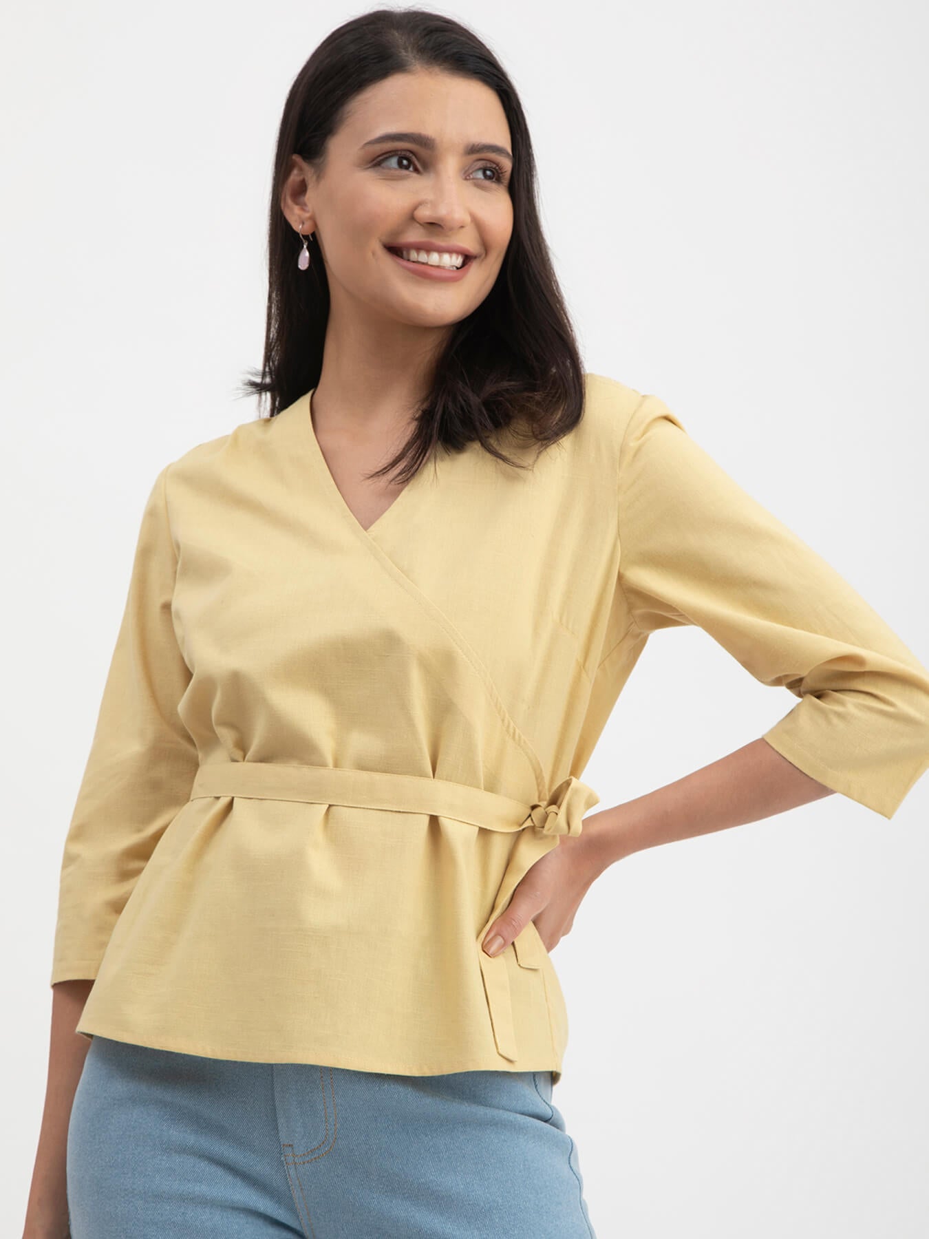 Linen V-Neck Top - Yellow