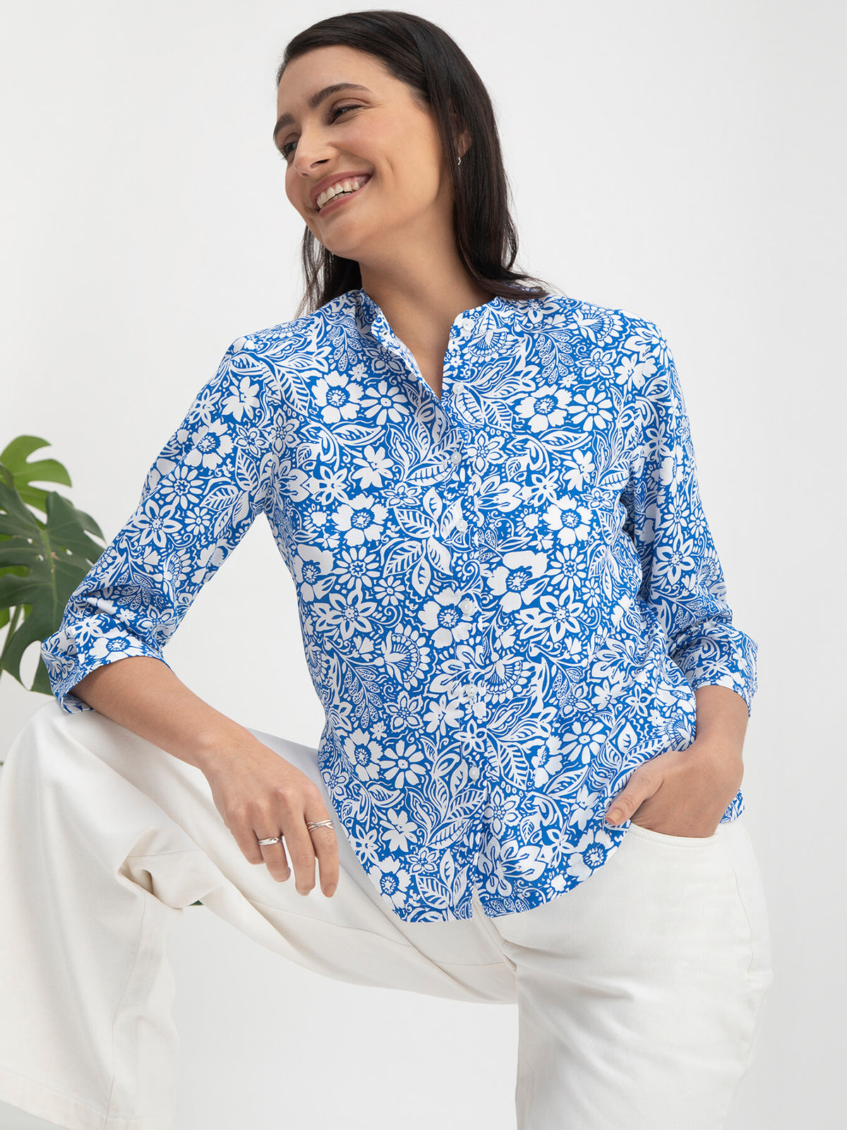 Floral Print Mandarin Neck Top - Blue And White