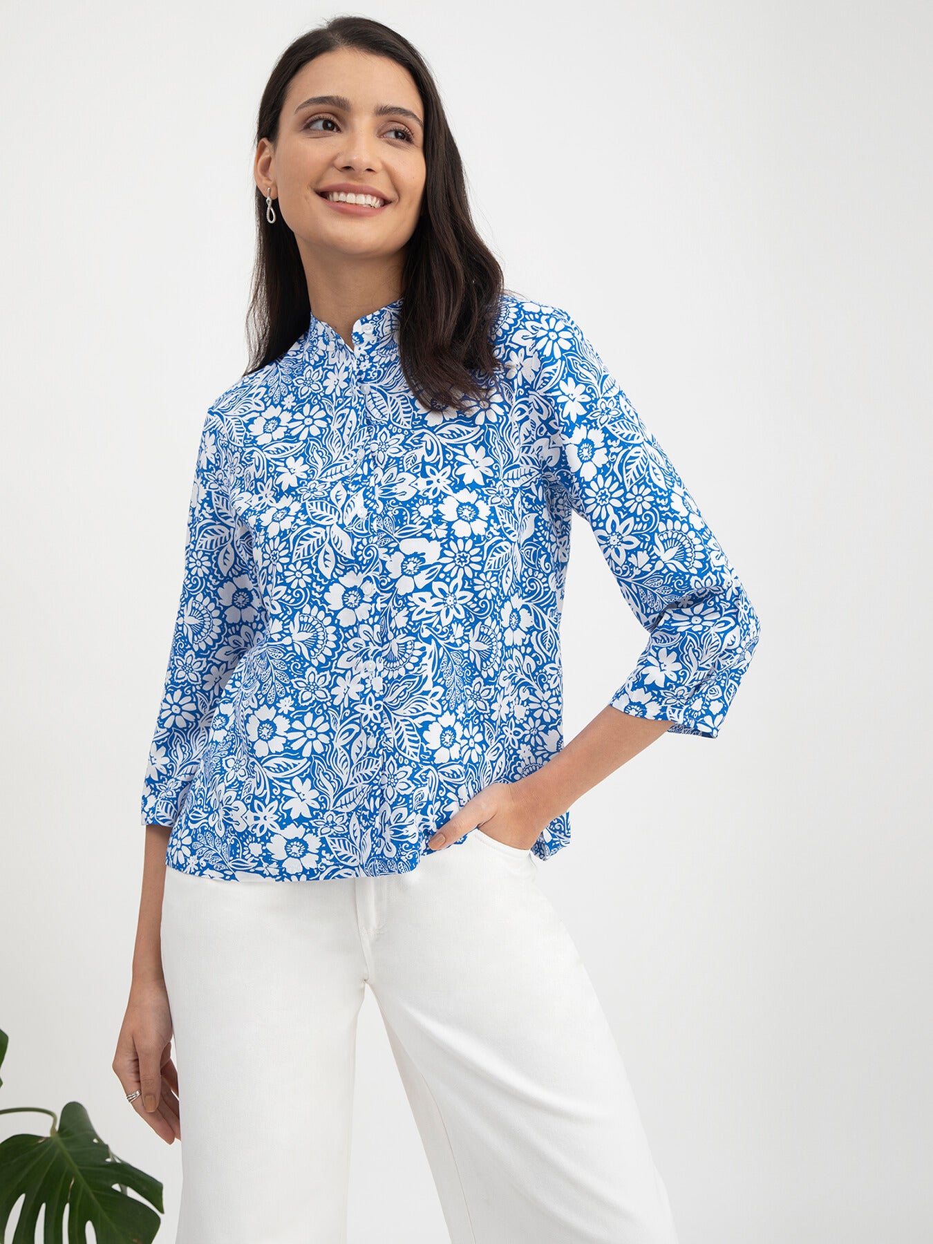Floral Print Mandarin Neck Top - Blue And White