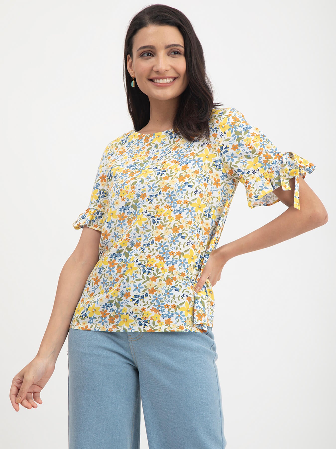Floral Tie-Up Sleeves Top - Multicolour
