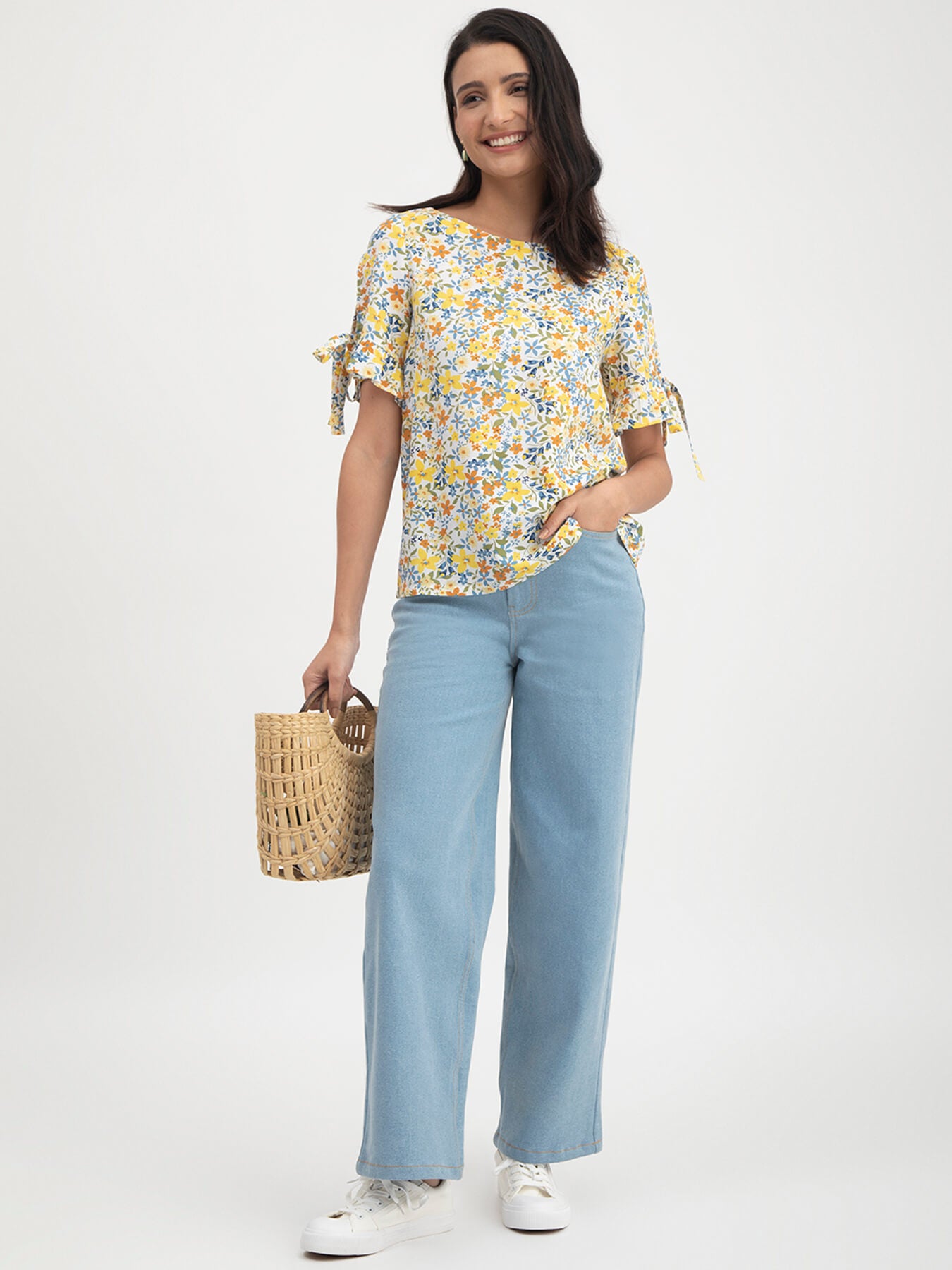 Floral Tie-Up Sleeves Top - Multicolour