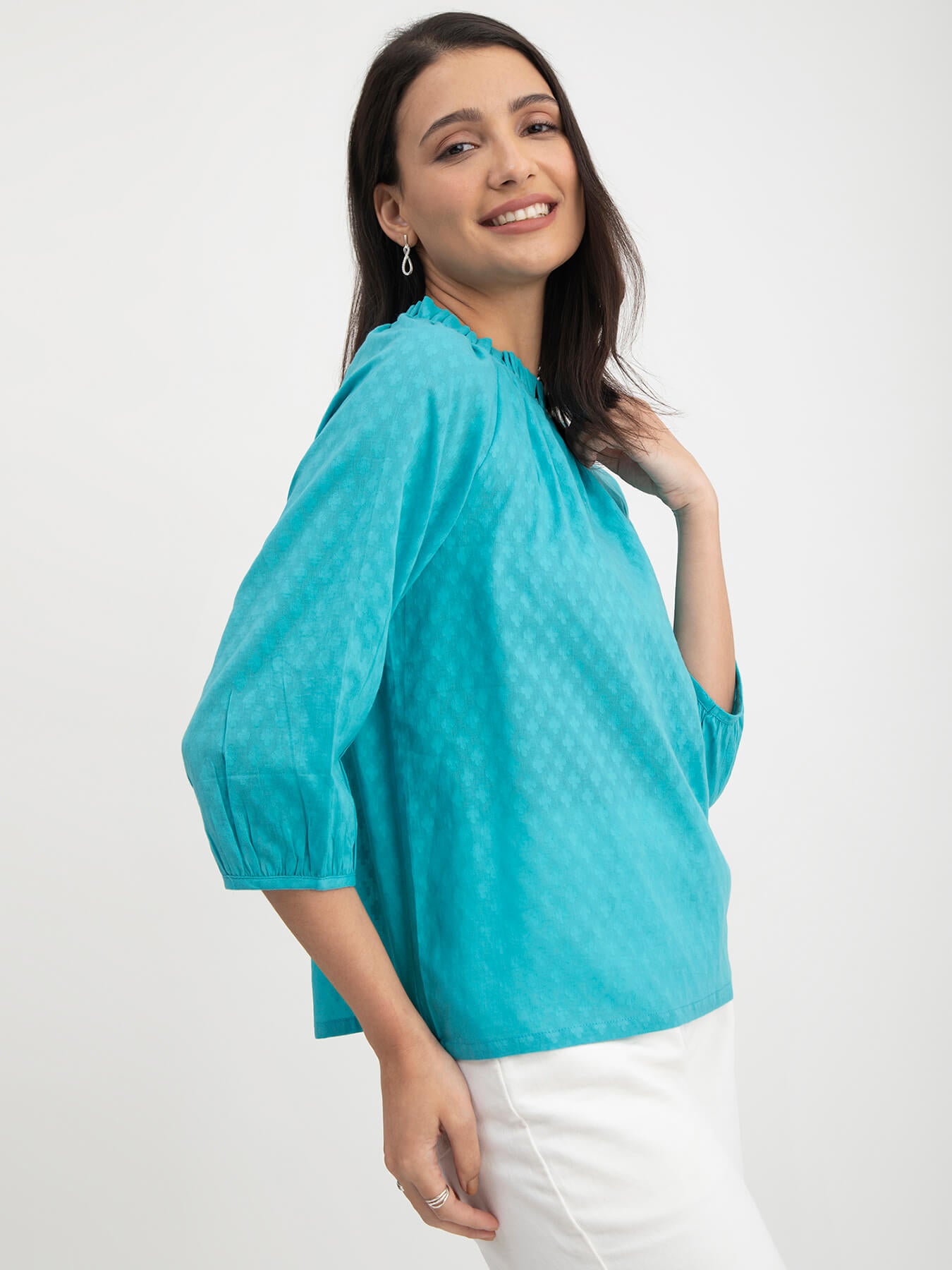 Cotton Jacquard Ruffle Top - Teal