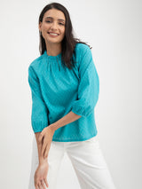 Cotton Jacquard Ruffle Top - Teal