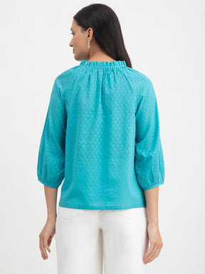 Cotton Jacquard Ruffle Top - Teal