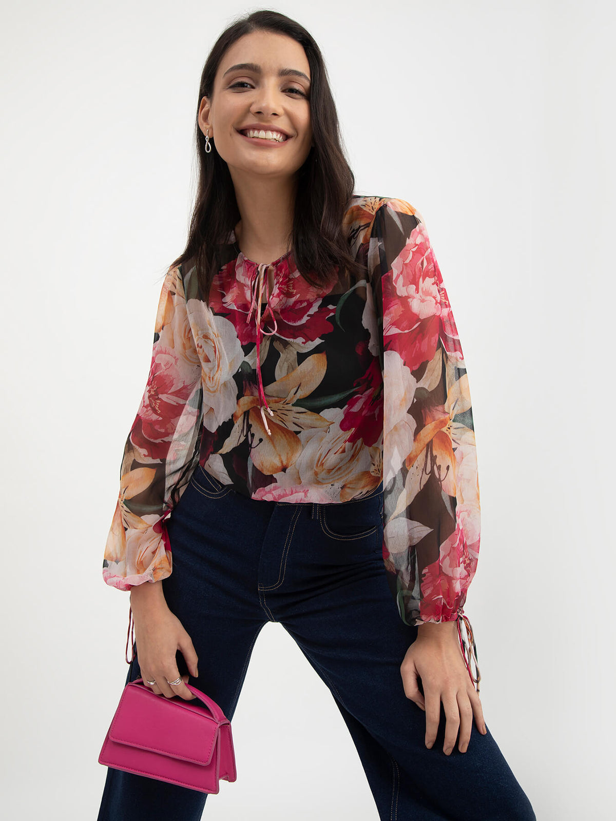 Floral Print Tie-Up Top - Black And Multicolour