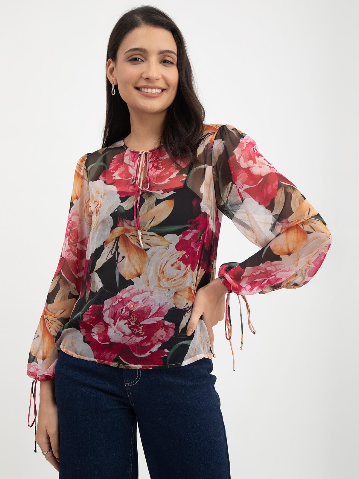 Floral Print Tie-Up Top - Black And Multicolour