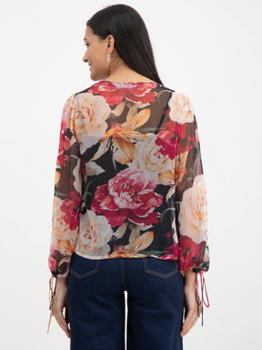 Floral Print Tie-Up Top - Black And Multicolour