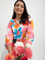 Cotton Satin Floral Print Top - Multicolour