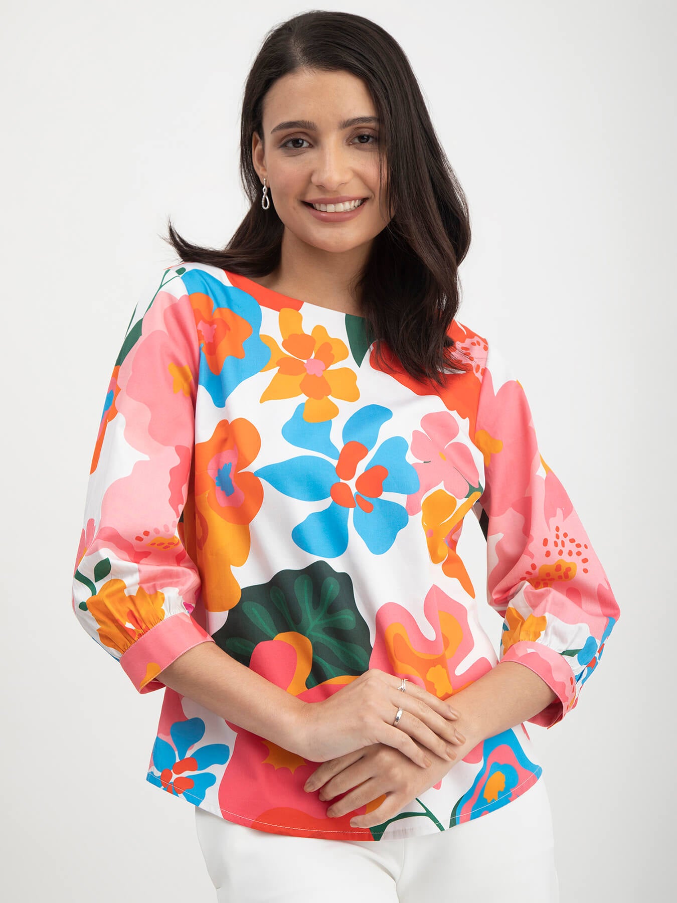 Cotton Satin Floral Print Top - Multicolour