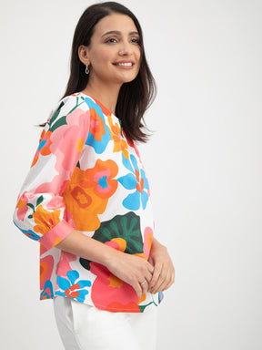 Cotton Satin Floral Print Top - Multicolour