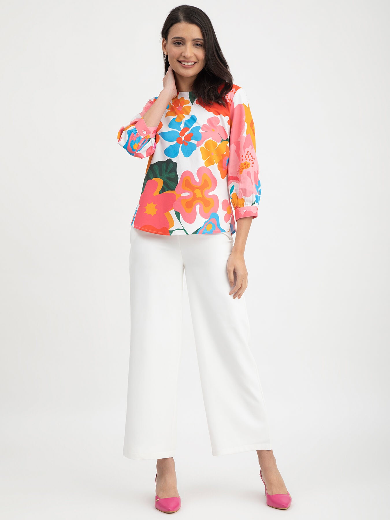 Cotton Satin Floral Print Top - Multicolour