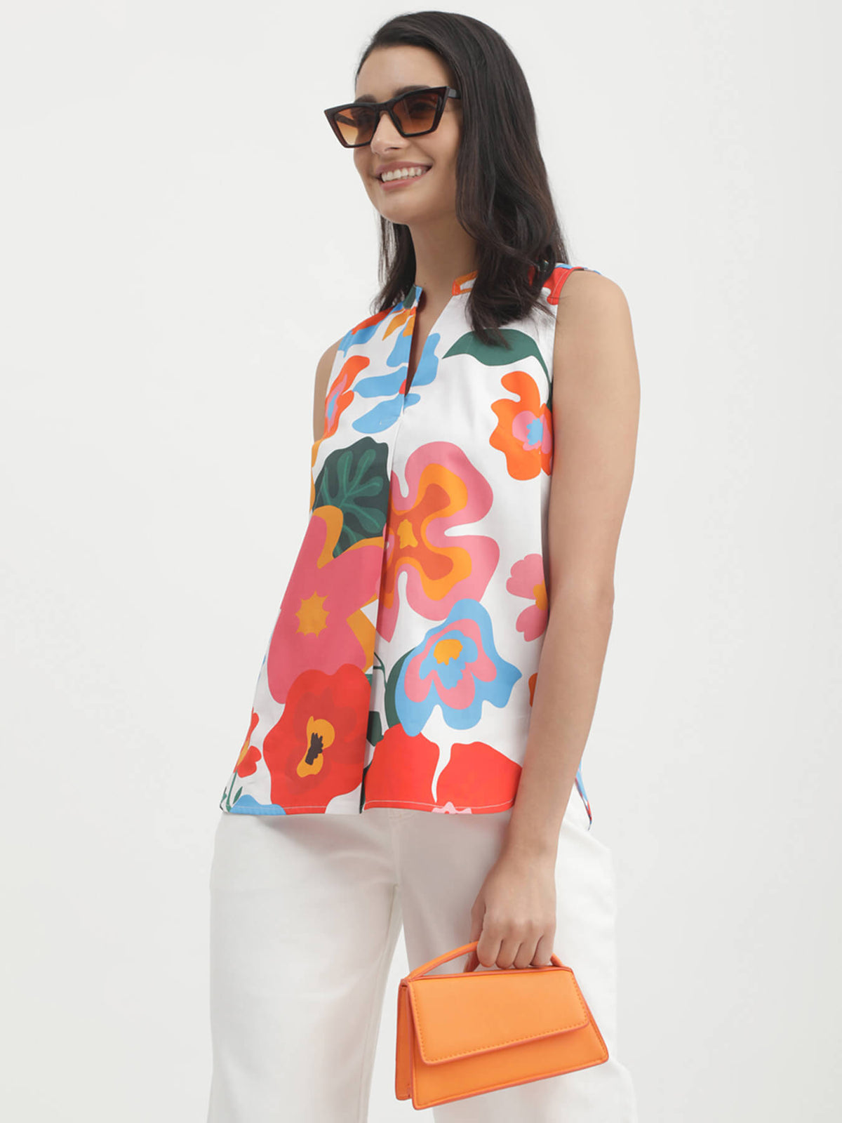Cotton Satin Floral Print Sleeveless Top - Multicolour