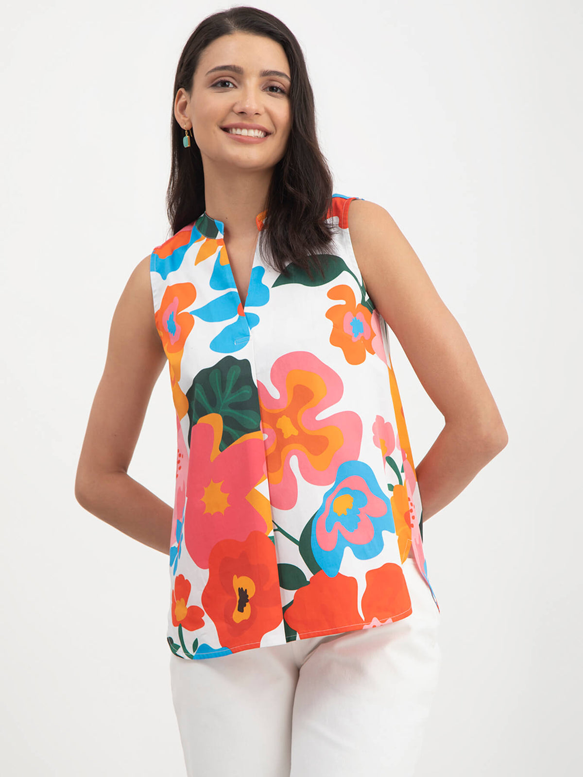 Cotton Satin Floral Print Sleeveless Top - Multicolour