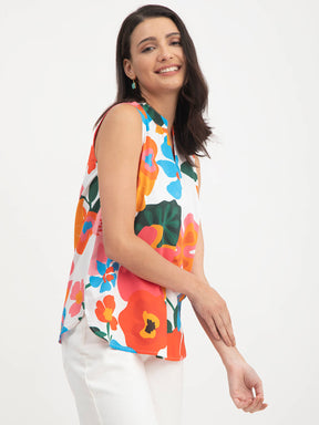 Cotton Satin Floral Print Sleeveless Top - Multicolour