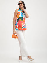 Cotton Satin Floral Print Sleeveless Top - Multicolour