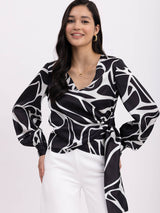 Satin V-Neck Wrap Top - White And Black