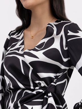 Satin V-Neck Wrap Top - White And Black