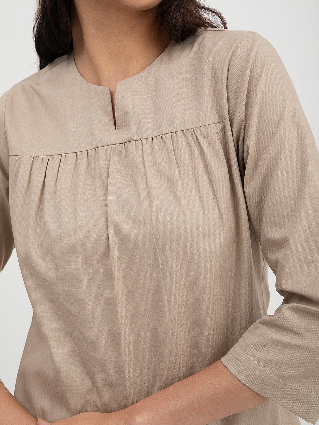 Linen Gather Detail Top - Beige
