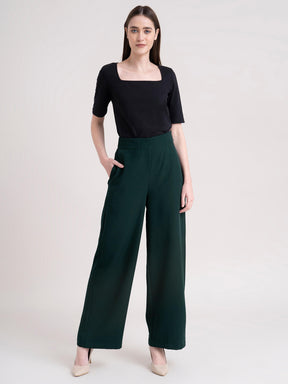 Elasticated Wide Leg Trouser - Bottle Green| Formal Trousers