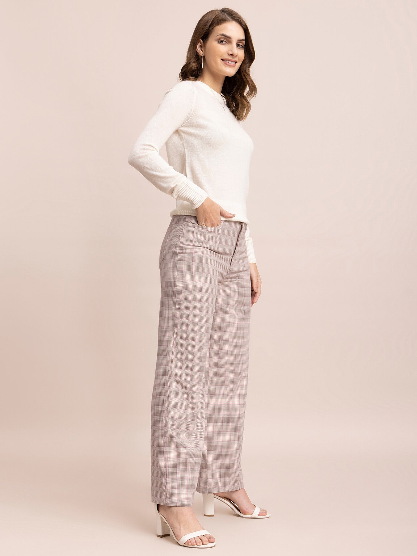 Check Wide Legged Trousers - Beige| Formal Trousers