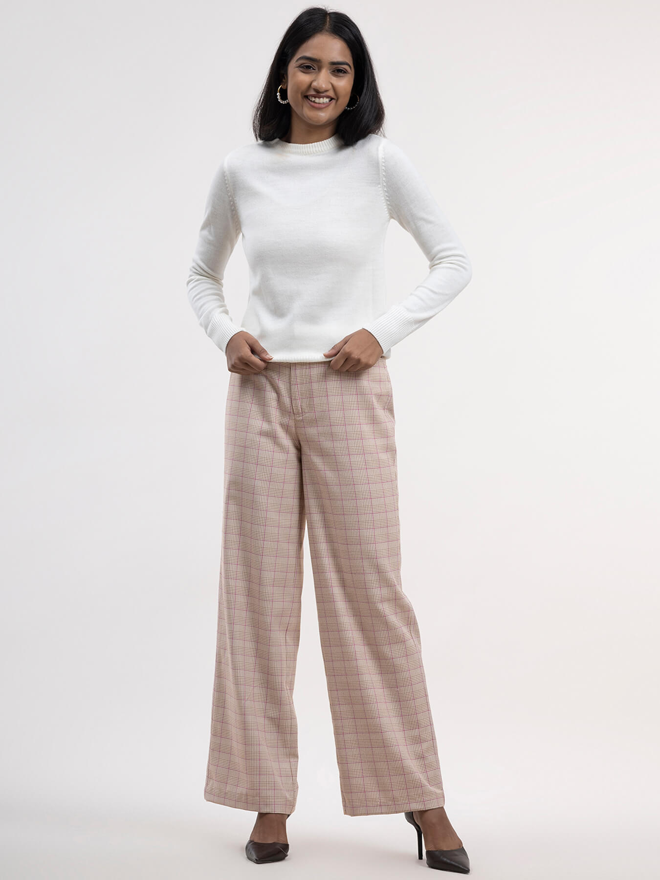 Check Wide Legged Trousers - Beige| Formal Trousers