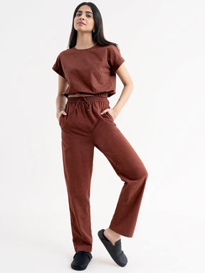 Linen Drawstring Trousers - Brown