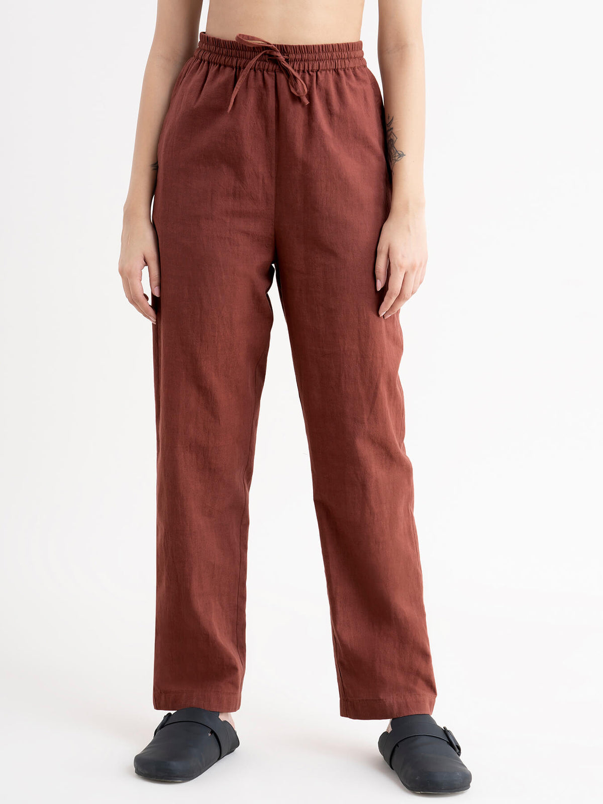 Linen Drawstring Trousers - Brown