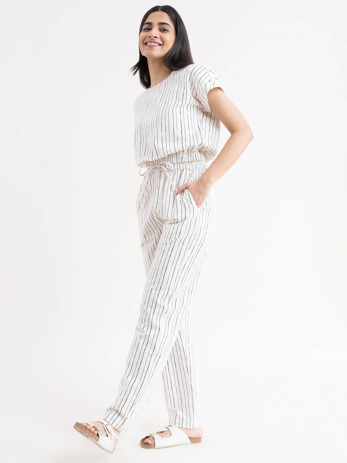 Linen Striped Drawstring Trousers - White
