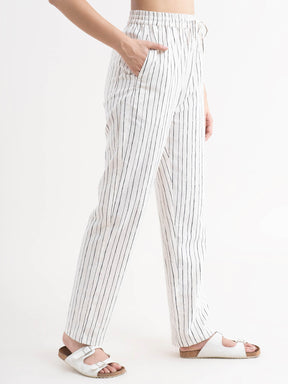 Linen Striped Drawstring Trousers - White