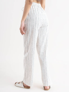 Linen Striped Drawstring Trousers - White