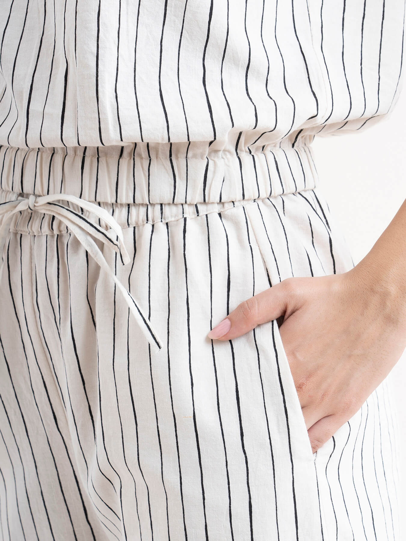 Linen Striped Drawstring Trousers - White