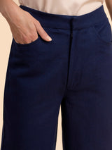 Linen Wide-Leg Trousers - Navy Blue| Formal Trousers