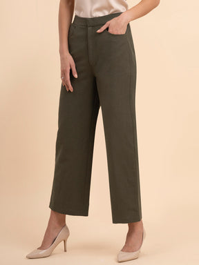 Linen Wide-Leg Trousers - Olive Green| Formal Trousers