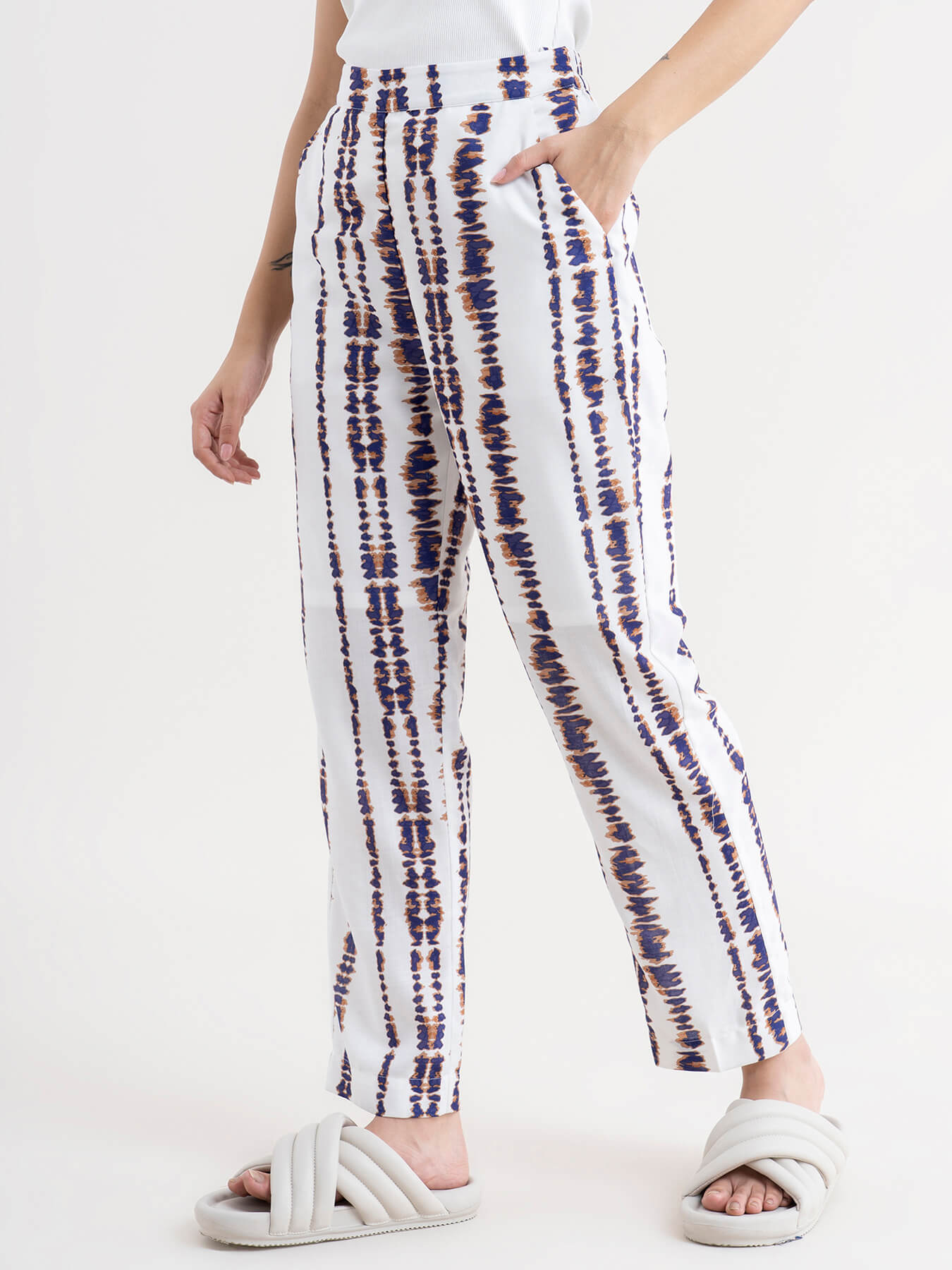 Shibori Print Drawstring Trousers - White & Blue