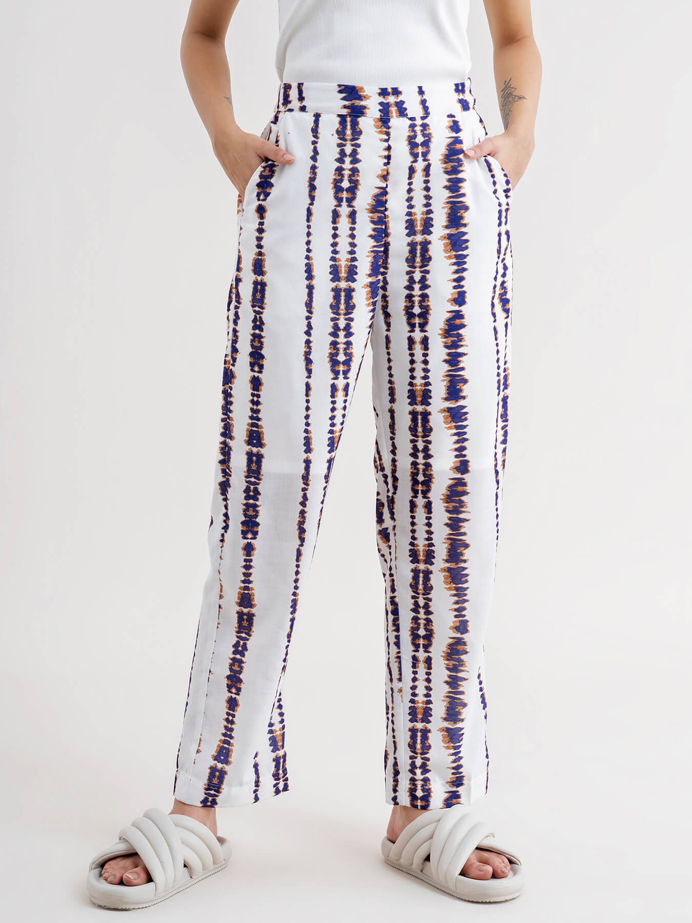 Shibori Print Drawstring Trousers - White & Blue