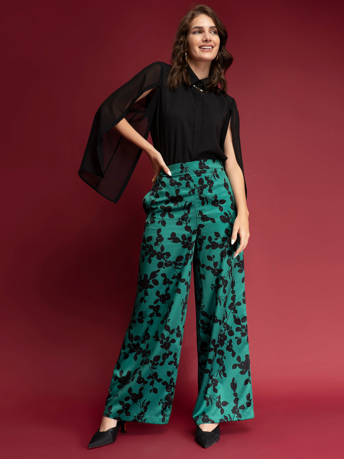 Satin Floral Print Trousers - Green And Black