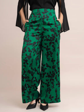 Satin Floral Print Trousers - Green And Black