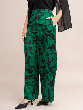 Satin Floral Print Trousers - Green And Black