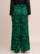 Satin Floral Print Trousers - Green And Black