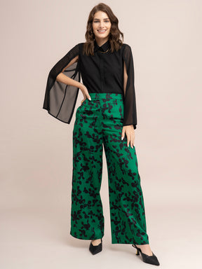 Satin Floral Print Trousers - Green And Black