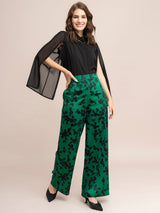 Satin Floral Print Trousers - Green And Black