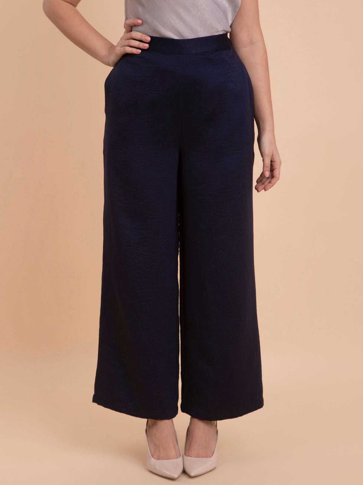 Satin Wide Legged Trousers - Navy