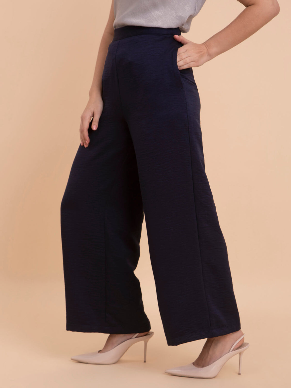 Satin Wide Legged Trousers - Navy