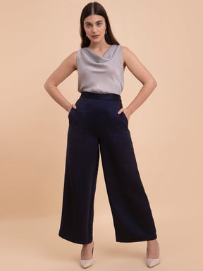 Satin Wide Legged Trousers - Navy