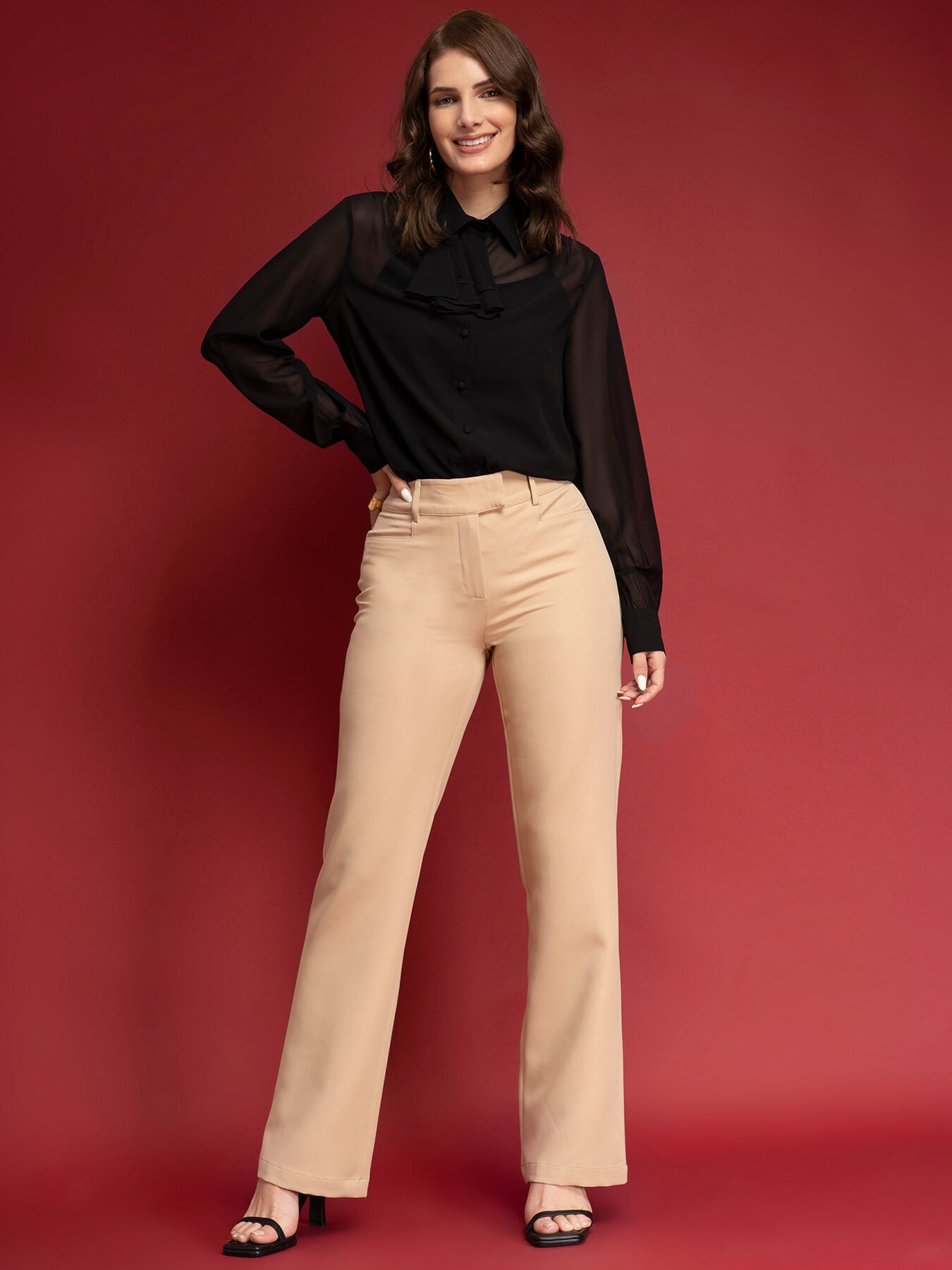 High Waist Bootcut Pants - Beige