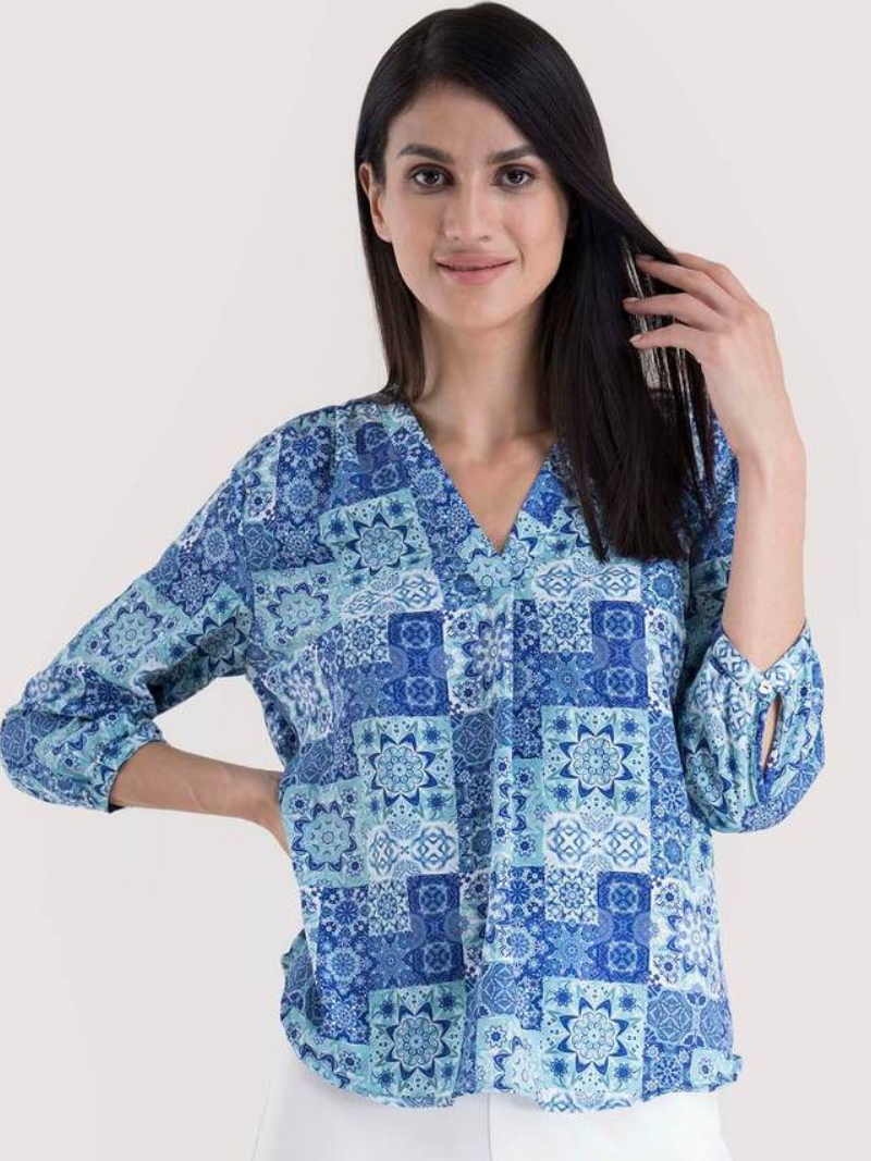 V Neck Abstract Print Top - Blue