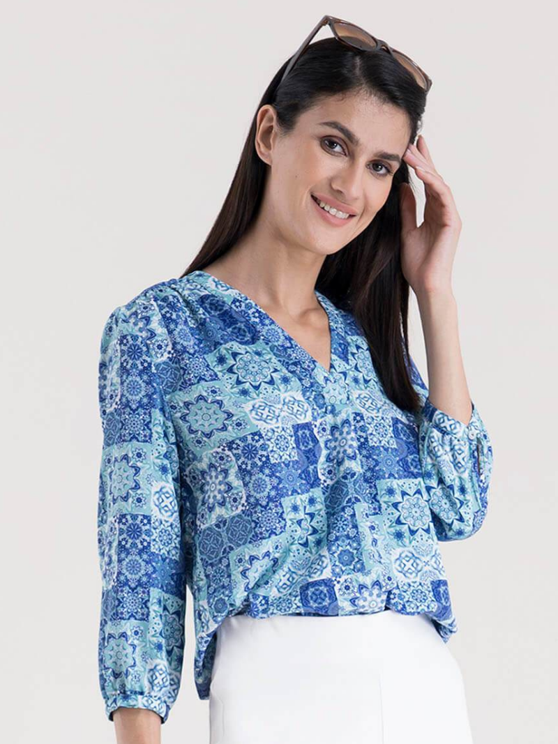 V Neck Abstract Print Top - Blue